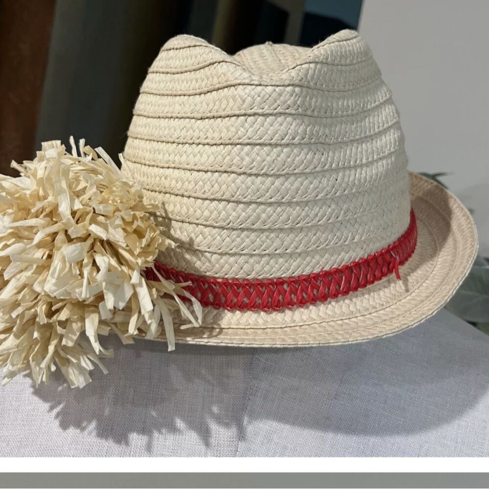 LOFT 96% paper fedora beach hat with paper flower accent, coral peach trim - Picture 3 of 6